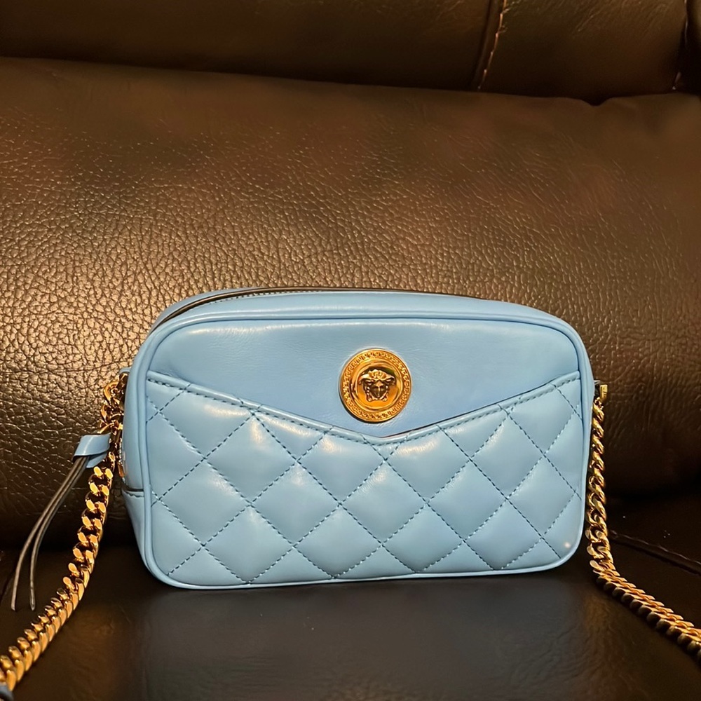 Versace Smooth DV Blue Lamb Leather Quilted Napa Camera Crossbody Handbag NEW - Picture 2 of 8
